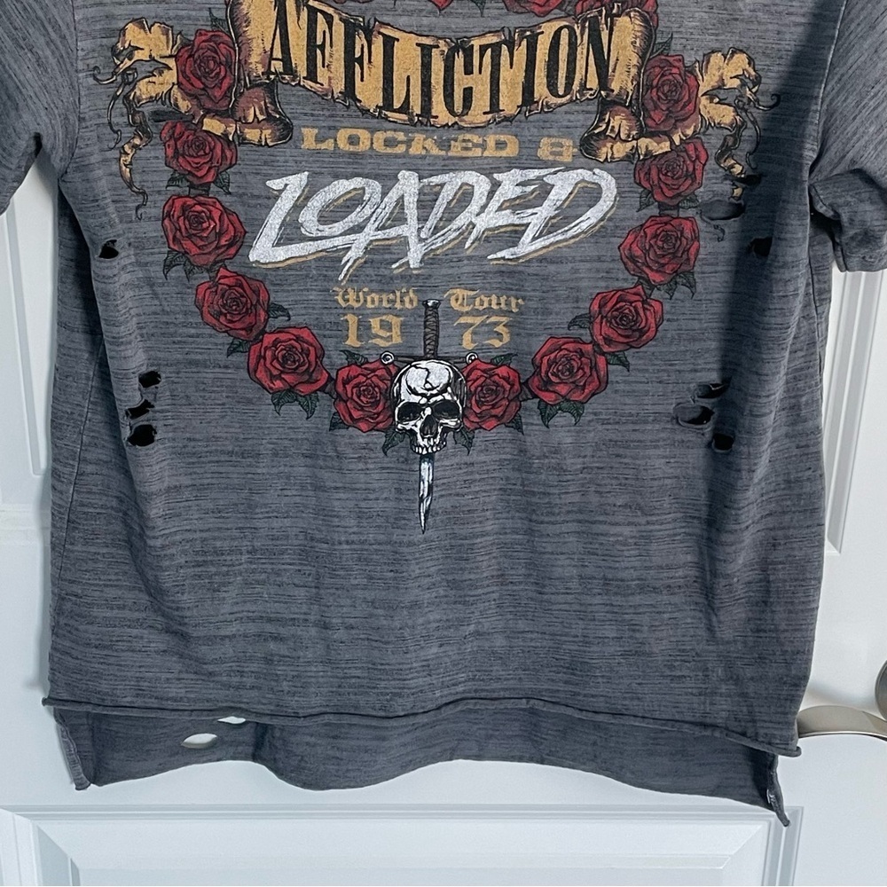 Affliction Locked And Loaded Distressed Gray T-Shirt Tee Skulls 35427 View 5